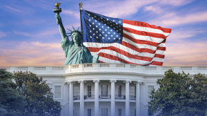 White house with statue of liberty and American flag
